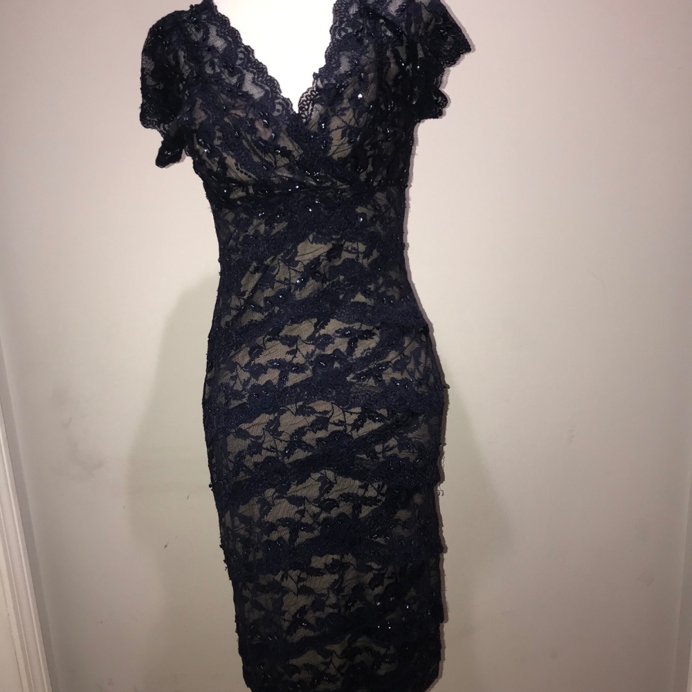 Marina beaded sequin dark blue cocktail dress